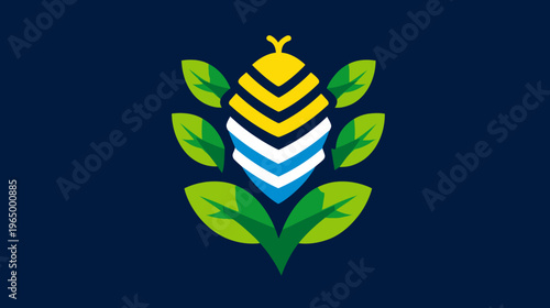 A geometric emblem with a bee-hive like design surrounded by green leaves on a dark blue background