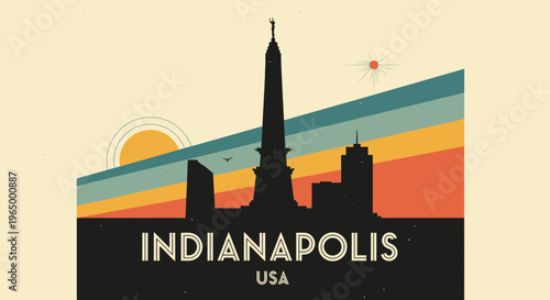 Stylized skyline of Indianapolis with colorful retro sunset background and iconic monuments capturing cityscape essence