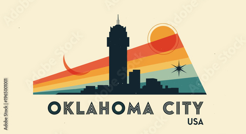 Stylized vintage-inspired graphic design of Oklahoma City skyline in sunset hues emphasizing aviation and urban landscape with