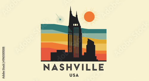 Abstract colorful skyline of Nashville Tennessee with stylized sunset and sunburst in a minimalistic design for vibrant
