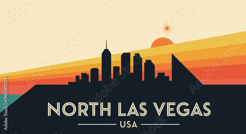 Stylized North Las Vegas Cityscape Illustration with Vibrant Sunset Colors and Retro Design Elements