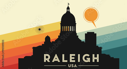 Silhouette of Raleigh's State Capitol Building with Vibrant Retro Sunset Background