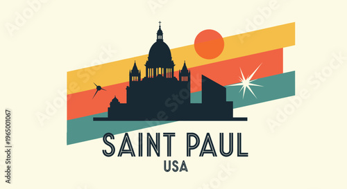 Stylized artistic representation of Saint Paul cityscape in vibrant retro colors capturing iconic architecture and atmospheric