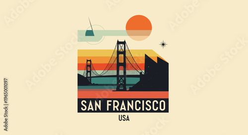 Vintage inspired artistic illustration of the iconic San Francisco skyline featuring the Golden Gate Bridge with abstract sun