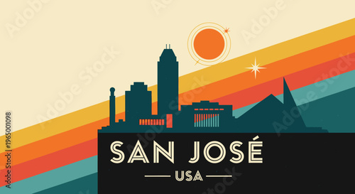 Vibrant San Jos? cityscape silhouette with retro sunset and colorful rays emphasizing urban and natural harmony in California city