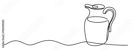 Minimalist continuous line drawing of a classic beverage pitcher with an elegant handle and spout, ideal for enhancing food and drink related marketing materials, culinary branding, or menu