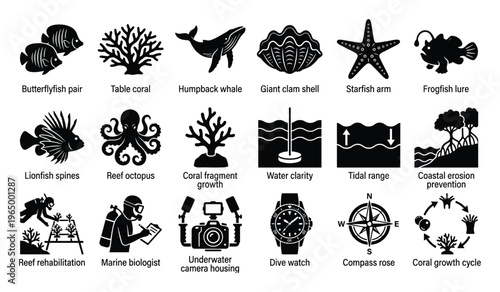 A comprehensive collection of marine life and ocean exploration icons showcasing diverse underwater creatures conservation efforts and scientific tools useful for educational resources