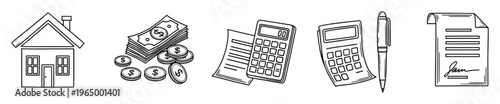 Hand drawn collection of essential financial planning icons including a house, money, calculators, pen, and a signed document for real estate and accounting concepts