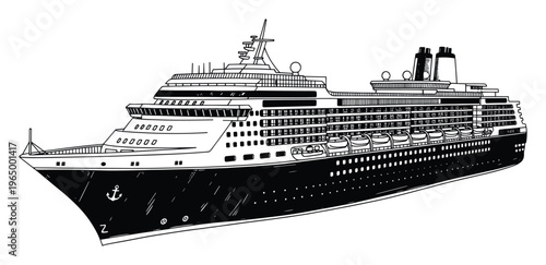 Detailed line drawing of a large passenger cruise ship illustrating modern luxury ocean travel for commercial tourism brochures and vacation advertisements