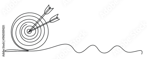 Continuous single line drawing of a target with two arrows hitting the bullseye representing business success achieving goals and precision marketing concepts for professional presentations
