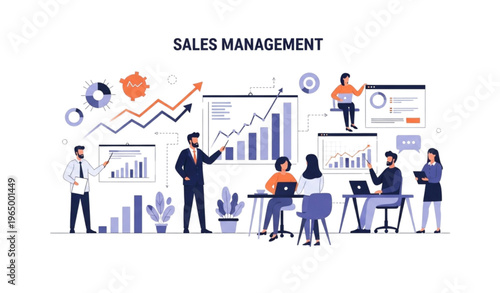 Sales management concept with team analyzing growth charts and coordinating business operations for marketing and corporate design