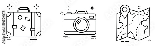 A comprehensive travel icon set featuring a classic vintage suitcase, a modern photographic camera, and a detailed navigation map with a clear pinpoint location, ideal for journey planning,