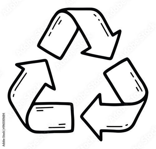 Hand drawn doodle style recycling symbol representing environmental sustainability and conservation perfect for eco friendly product packaging or educational materials