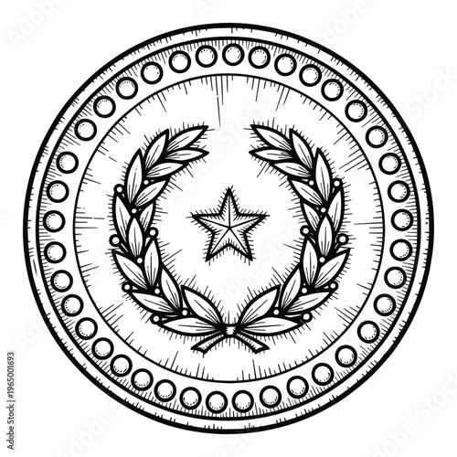 Ornate circular stamp design displaying a central star surrounded by a victory laurel wreath and textured perimeter perfect for award emblems achievement seals or commemorative graphics