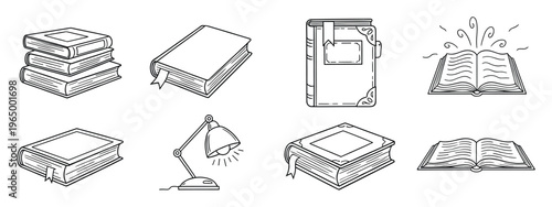 A collection of outlined book and readingrelated icons suitable for educational materials, learning platforms, and literary content applications