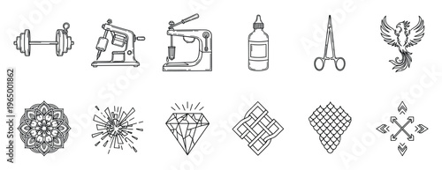 Collection of diverse outline vector icons including a dumbbell, tattoo machine, diamond, phoenix, mandala, scales, and press tool, suitable for graphic design projects and digital