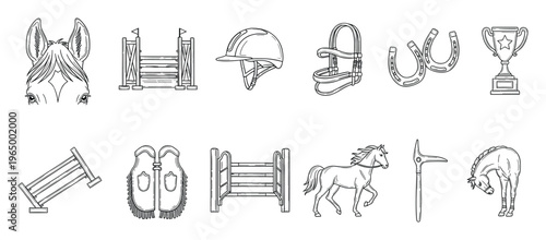 Diverse equestrian sport equipment and horse figures outline collection, featuring various jumping obstacles, riding helmet, bridle, horseshoes, and chaps for educational visuals and event