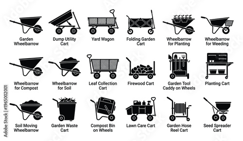A comprehensive collection of garden and utility carts and wheelbarrows designed for various yard work tasks, offering practical solutions for landscaping, planting, and material transport