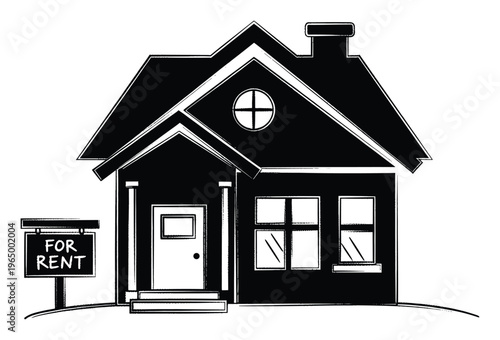Black and white sketch of a house with a FOR RENT sign out front, perfect for real estate listings, housing advertisements, property management services, or residential property promotion.