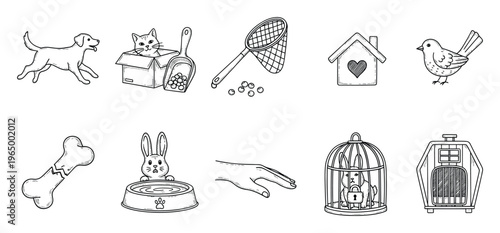 Diverse set of pet essentials and animals featuring a dog, cat, bird, rabbit, pet house, carrier, cage, bone, and food items, ideal for animal care publications, veterinary clinic websites,