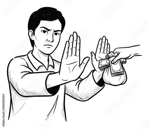 Asian man firmly rejecting a bribe demonstrating honesty and integrity by refusing illicit money ideal for campaigns against corruption or ethical business principles