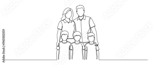 Continuous line drawing of a happy family with a mother, father, and three young sons standing together, perfect for parenting blogs and child development resources