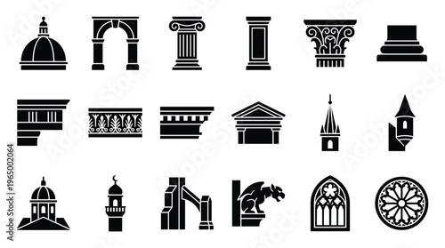 Diverse architectural silhouettes showcasing classical, gothic, and religious building styles, perfect for historical preservation studies, building design concepts, and graphic design
