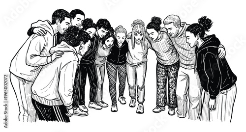Diverse young adults including Black and Asian individuals huddling together in a close embrace representing friendship and community bonds, ideal for social and youthfocused media.