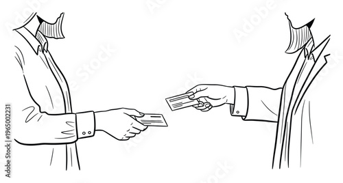 Professional individuals engaged in a business transaction exchanging identification or payment cards, perfect for corporate and financial service promotions