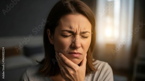 Young Caucasian woman suffering from TMJ jaw pain and bruxism at home