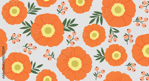 Seamless orange floral pattern with leaves and berries on light background for spring textile design