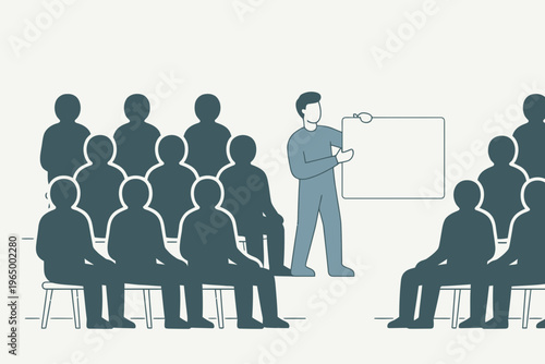 Speaker leading a presentation to an audience in a modern meeting room illustration.