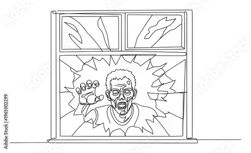 A menacing zombie breaking through a window with a shattered glass effect, creating a frightening scene perfect for Halloween invitations, horror movie posters, or spooky event promotions.