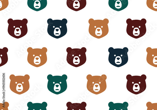 Seamless vector pattern with colorful bear faces on white background for kids and nursery design