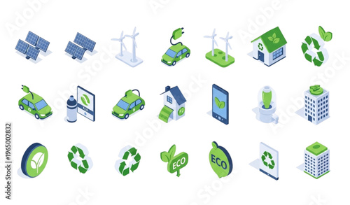 Isometric eco lifestyle icon set with renewable energy smart home electric car and environmental protection elements for green design