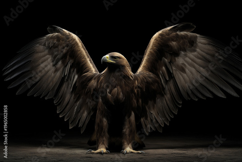 Majestic Golden Eagle With Expansive Wings Spread Against A Dark Black Background