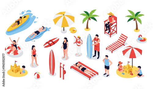 3D isometric summer holiday illustration set with beach activities surfing sunbathing and tropical resort elements for marketing design