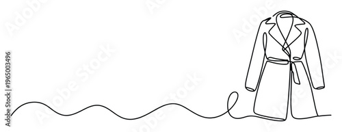 A minimalist continuous line drawing featuring a stylish trench coat, perfect for contemporary fashion advertising, apparel industry presentations, or clean graphic design projects.