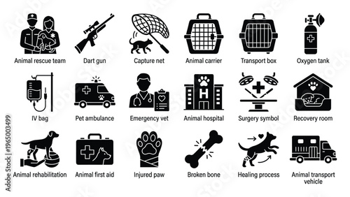 Comprehensive animal care and veterinary service icons providing essential visual tools for pet health, rescue, treatment, and rehabilitation concepts in various digital and print