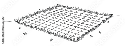 Gridded planting area with neat square sections outlined on lush green grass, perfect for showcasing garden planning, organized cultivation, ecofriendly landscaping, or home garden