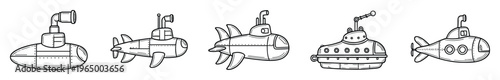 A collection of various hand drawn submarines perfect for childrens books, educational materials, and graphic projects featuring underwater adventure themes