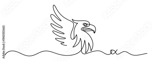 Elegant continuous line drawing depicting a majestic eagle with an outstretched wing, creatively integrating an alpha symbol, ideal for sophisticated logos, educational materials or