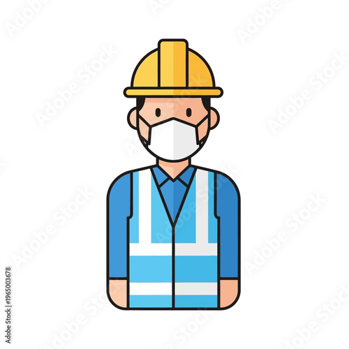 Construction Worker Vector Icon wearing Face Mask and Safety Hard Hat for Industrial Safety and PPE Concepts