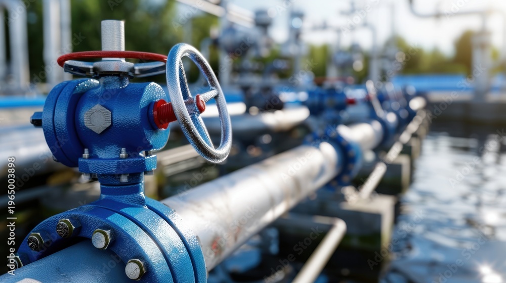 Fototapeta premium Industrial Pipe System with Blue Valve in Waterway at Chemical Plant, Focus on Valve and Pipe Infrastructure