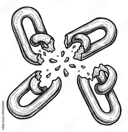 Hand drawn sketch of a strong iron chain breaking into many fragments, representing liberation, broken connection, weakness, and the end of restrictions, ideal for symbolic graphic