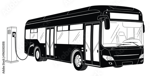 Modern electric bus connected to a public charging station, representing ecofriendly urban mobility and sustainable transportation for city planning and green energy solutions