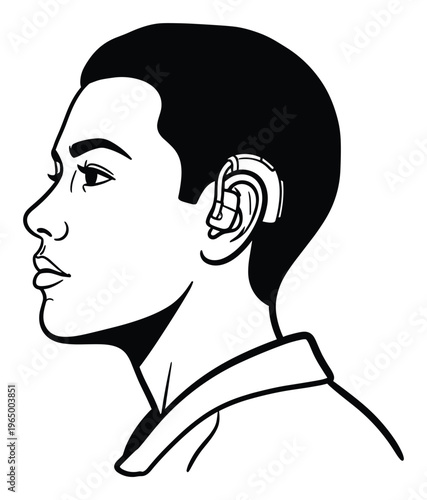 Profile view of an Asian man wearing a modern hearing aid device, symbolizing auditory support and healthcare technology for educational materials or medical advertising