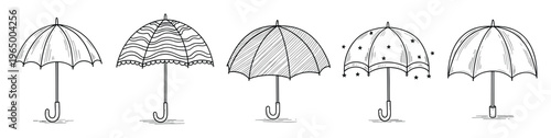 Collection of diverse handdrawn umbrella designs suitable for weatherrelated graphics, decorative elements, fashion accessory illustrations, or seasonal event promotions and apparel prints.