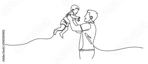 Continuous line drawing of a happy father lifting his joyful baby in the air, symbolizing family bonding and love, ideal for parenting blogs or baby product promotions