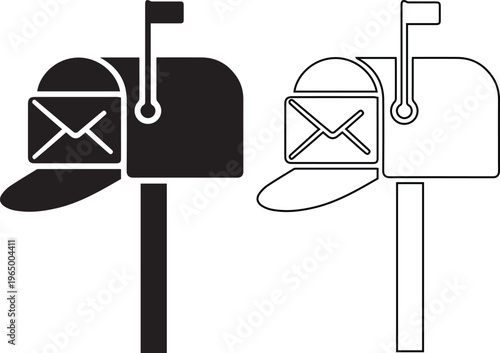 open mailbox with an envelope inside and the flag raised, presented in both solid black silhouette and outline icon styles for mail delivery.